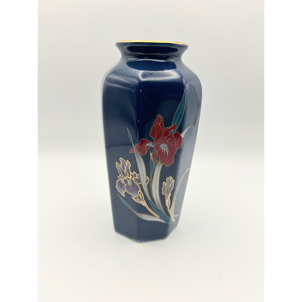 Fine China Japan Cobalt Blue Hexagonal Iris Vase Gold Gilt Floral 6"Inch